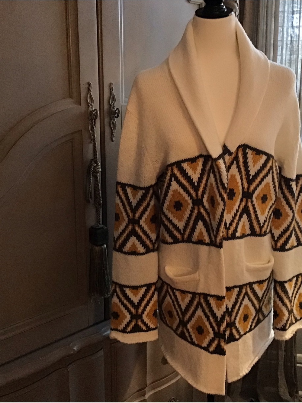 Cream Geometric-Trim Shawl Collar Cardigan